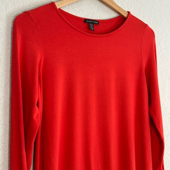 Eileen Fisher Red Orange Viscose Top Long Sleeve Stretch Asymmetrical Preppy - Picture 2 of 6